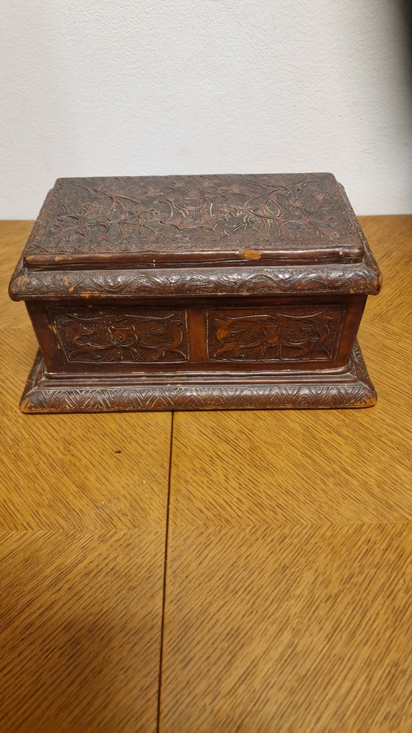 Vintage  leather craved jewellery Box with key