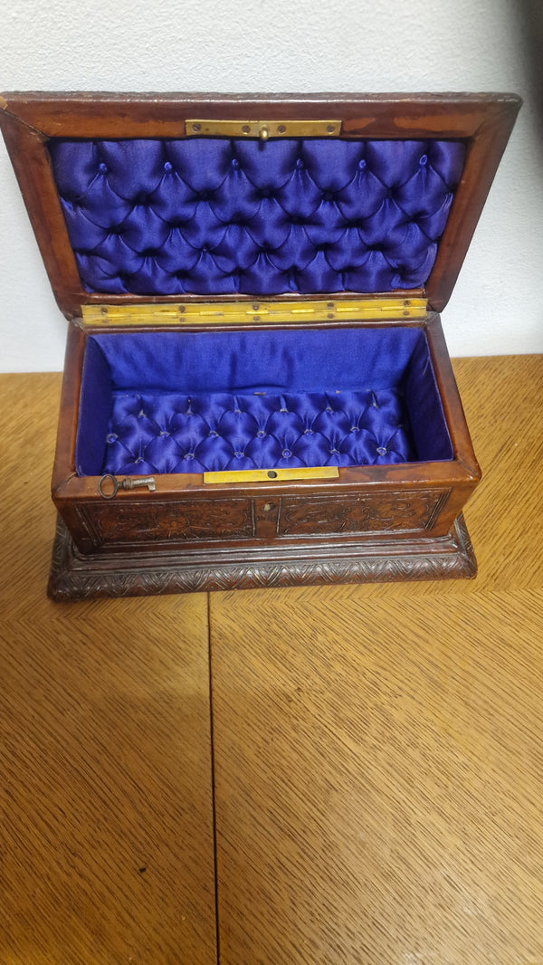 Vintage  leather craved jewellery Box with key